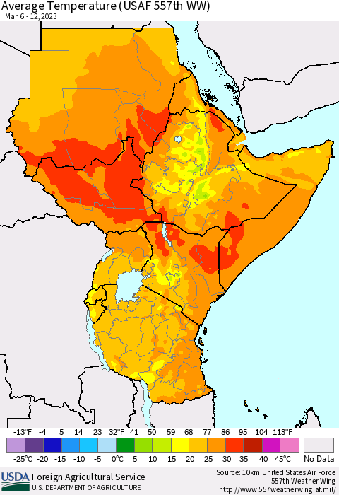 Eastern Africa Average Temperature (USAF 557th WW) Thematic Map For 3/6/2023 - 3/12/2023