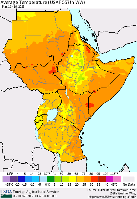 Eastern Africa Average Temperature (USAF 557th WW) Thematic Map For 3/13/2023 - 3/19/2023