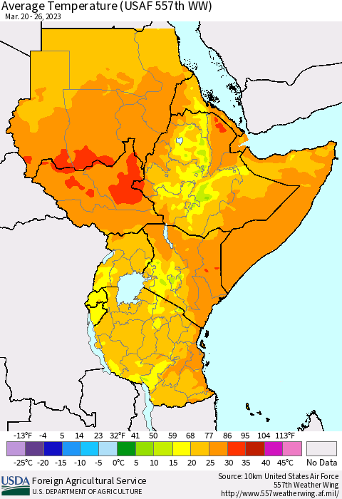 Eastern Africa Average Temperature (USAF 557th WW) Thematic Map For 3/20/2023 - 3/26/2023
