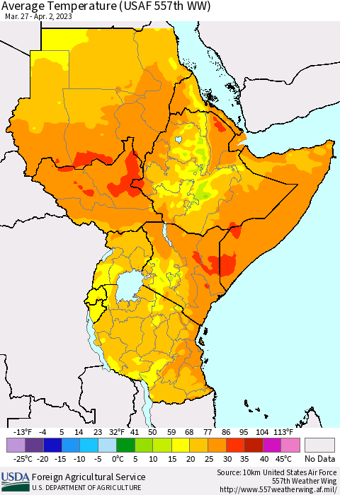 Eastern Africa Average Temperature (USAF 557th WW) Thematic Map For 3/27/2023 - 4/2/2023