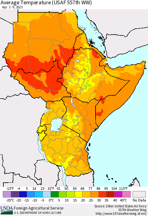 Eastern Africa Average Temperature (USAF 557th WW) Thematic Map For 4/3/2023 - 4/9/2023