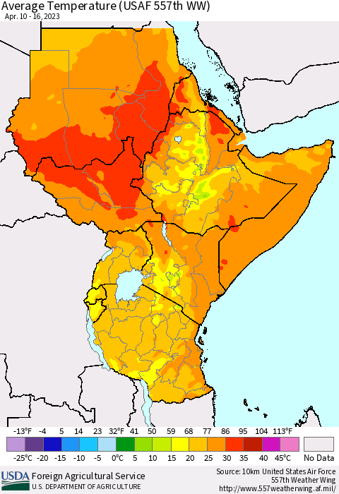 Eastern Africa Average Temperature (USAF 557th WW) Thematic Map For 4/10/2023 - 4/16/2023