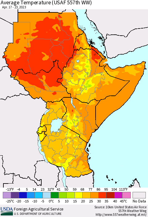 Eastern Africa Average Temperature (USAF 557th WW) Thematic Map For 4/17/2023 - 4/23/2023