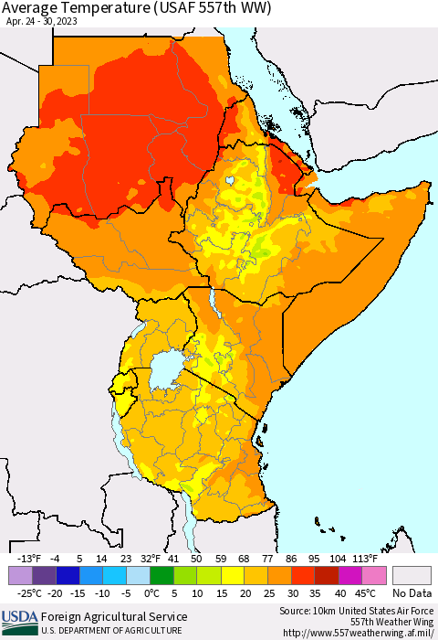Eastern Africa Average Temperature (USAF 557th WW) Thematic Map For 4/24/2023 - 4/30/2023