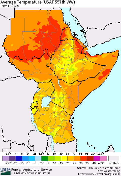 Eastern Africa Average Temperature (USAF 557th WW) Thematic Map For 5/1/2023 - 5/7/2023