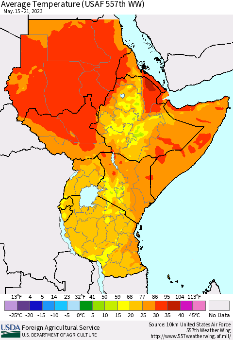 Eastern Africa Average Temperature (USAF 557th WW) Thematic Map For 5/15/2023 - 5/21/2023