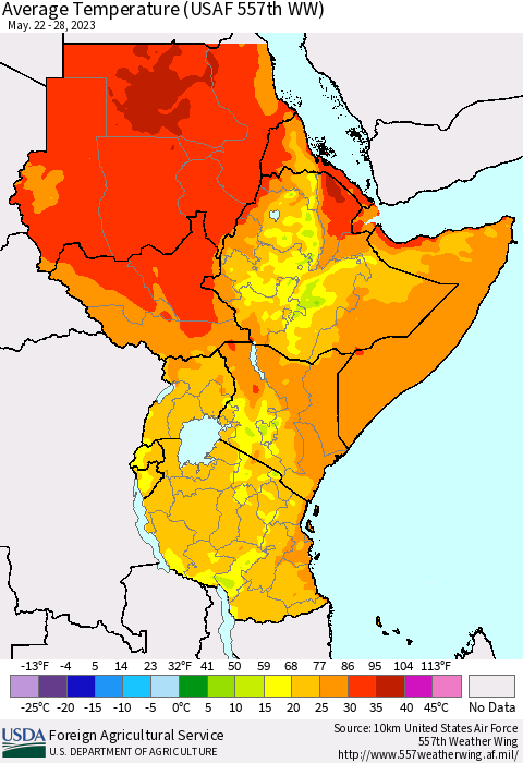 Eastern Africa Average Temperature (USAF 557th WW) Thematic Map For 5/22/2023 - 5/28/2023