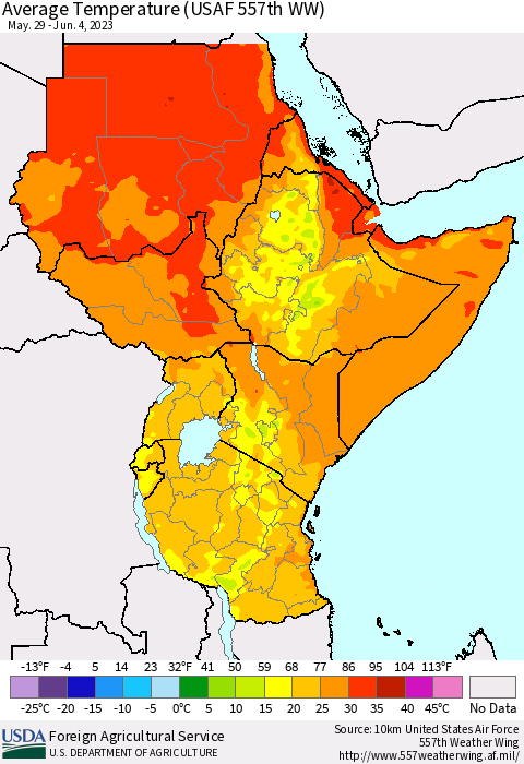 Eastern Africa Average Temperature (USAF 557th WW) Thematic Map For 5/29/2023 - 6/4/2023
