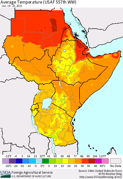 Eastern Africa Average Temperature (USAF 557th WW) Thematic Map For 6/19/2023 - 6/25/2023