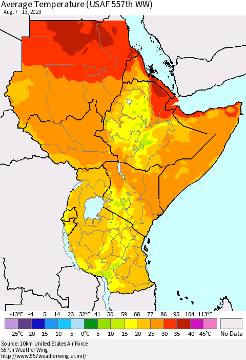 Eastern Africa Average Temperature (USAF 557th WW) Thematic Map For 8/7/2023 - 8/13/2023