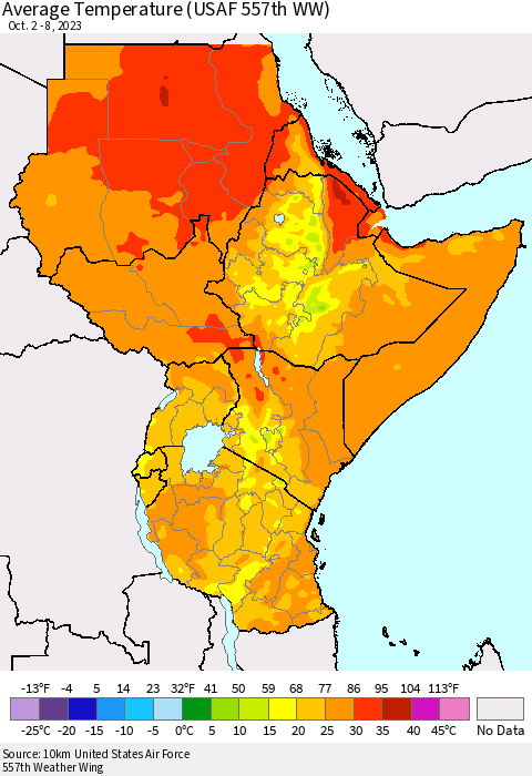 Eastern Africa Average Temperature (USAF 557th WW) Thematic Map For 10/2/2023 - 10/8/2023