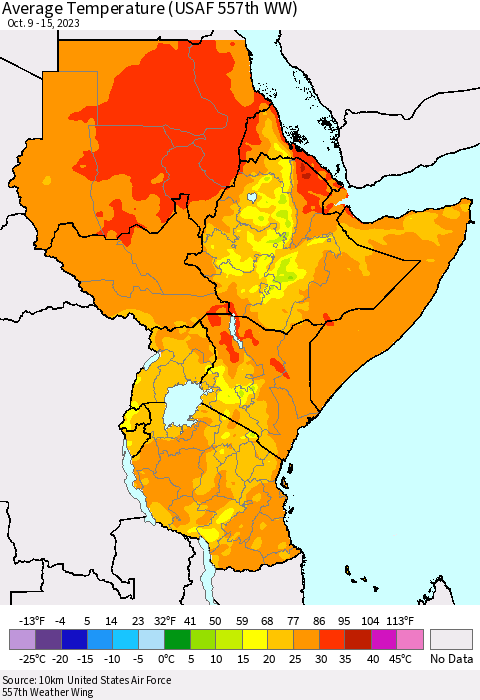 Eastern Africa Average Temperature (USAF 557th WW) Thematic Map For 10/9/2023 - 10/15/2023