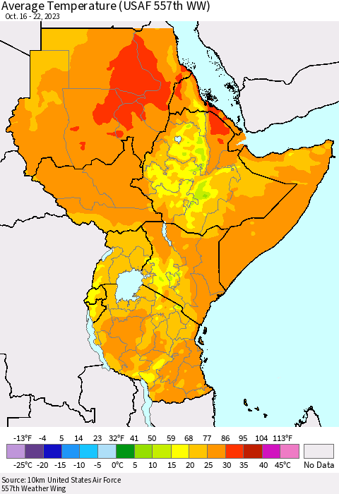 Eastern Africa Average Temperature (USAF 557th WW) Thematic Map For 10/16/2023 - 10/22/2023