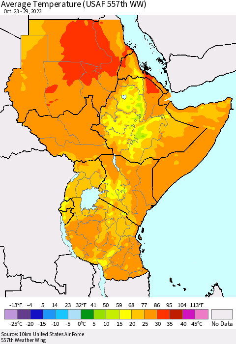 Eastern Africa Average Temperature (USAF 557th WW) Thematic Map For 10/23/2023 - 10/29/2023
