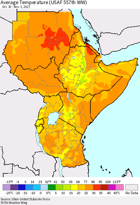 Eastern Africa Average Temperature (USAF 557th WW) Thematic Map For 10/30/2023 - 11/5/2023