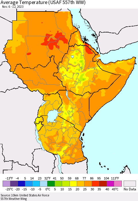 Eastern Africa Average Temperature (USAF 557th WW) Thematic Map For 11/6/2023 - 11/12/2023
