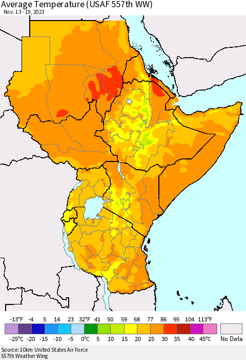 Eastern Africa Average Temperature (USAF 557th WW) Thematic Map For 11/13/2023 - 11/19/2023