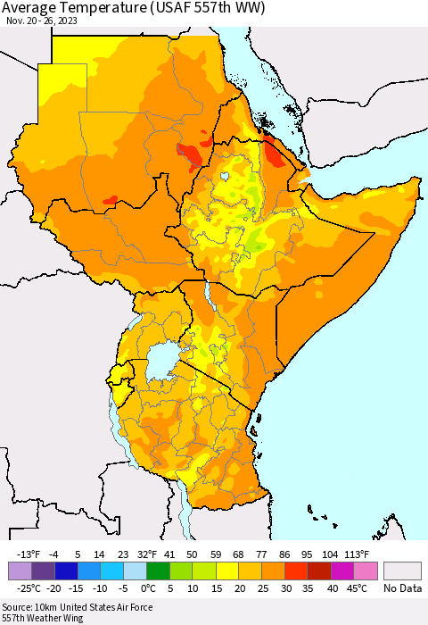 Eastern Africa Average Temperature (USAF 557th WW) Thematic Map For 11/20/2023 - 11/26/2023