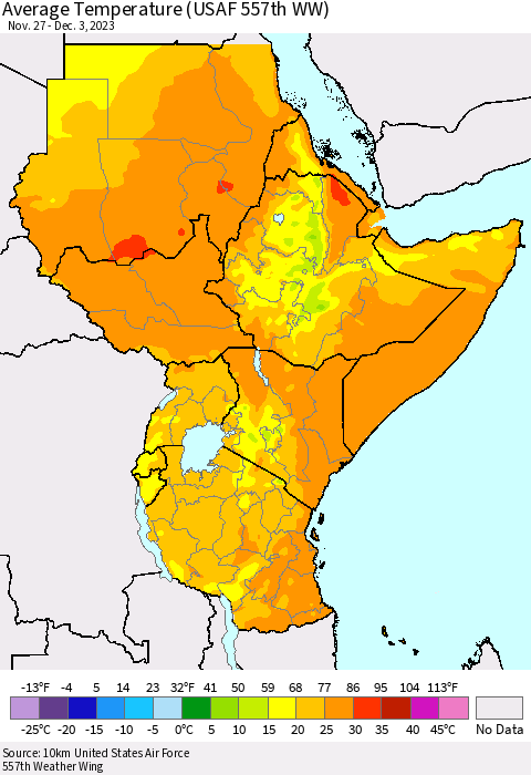 Eastern Africa Average Temperature (USAF 557th WW) Thematic Map For 11/27/2023 - 12/3/2023