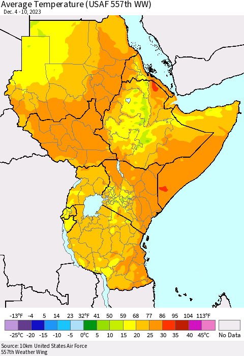Eastern Africa Average Temperature (USAF 557th WW) Thematic Map For 12/4/2023 - 12/10/2023
