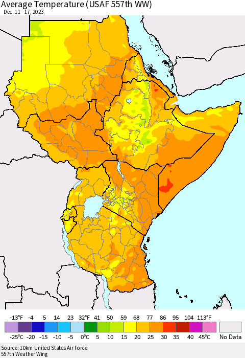 Eastern Africa Average Temperature (USAF 557th WW) Thematic Map For 12/11/2023 - 12/17/2023