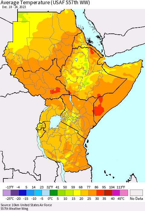 Eastern Africa Average Temperature (USAF 557th WW) Thematic Map For 12/18/2023 - 12/24/2023