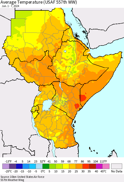 Eastern Africa Average Temperature (USAF 557th WW) Thematic Map For 1/1/2024 - 1/7/2024