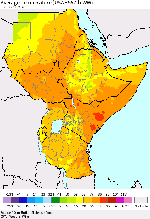 Eastern Africa Average Temperature (USAF 557th WW) Thematic Map For 1/8/2024 - 1/14/2024