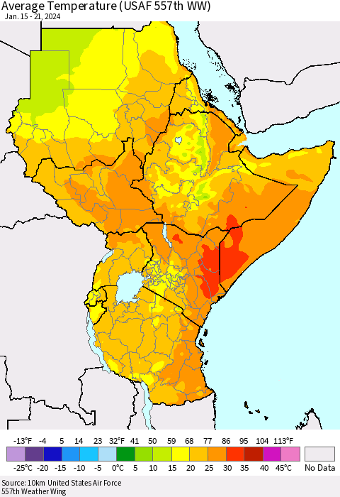 Eastern Africa Average Temperature (USAF 557th WW) Thematic Map For 1/15/2024 - 1/21/2024