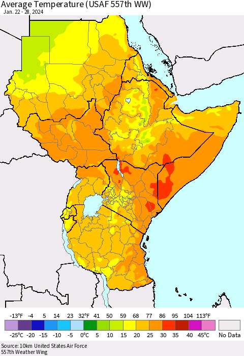 Eastern Africa Average Temperature (USAF 557th WW) Thematic Map For 1/22/2024 - 1/28/2024