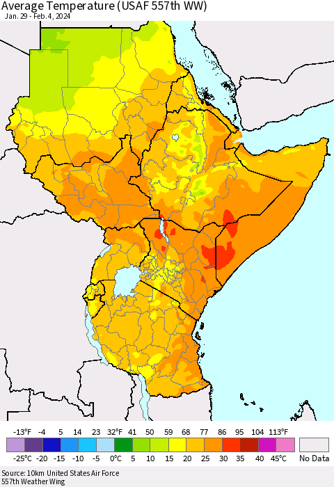 Eastern Africa Average Temperature (USAF 557th WW) Thematic Map For 1/29/2024 - 2/4/2024