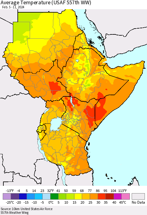 Eastern Africa Average Temperature (USAF 557th WW) Thematic Map For 2/5/2024 - 2/11/2024