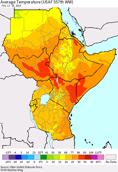 Eastern Africa Average Temperature (USAF 557th WW) Thematic Map For 2/12/2024 - 2/18/2024