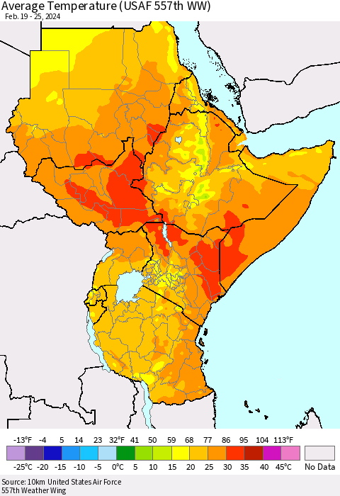 Eastern Africa Average Temperature (USAF 557th WW) Thematic Map For 2/19/2024 - 2/25/2024