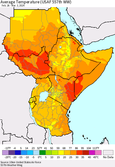 Eastern Africa Average Temperature (USAF 557th WW) Thematic Map For 2/26/2024 - 3/3/2024