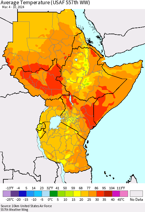 Eastern Africa Average Temperature (USAF 557th WW) Thematic Map For 3/4/2024 - 3/10/2024