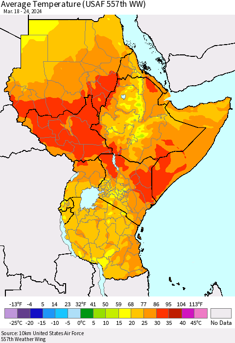 Eastern Africa Average Temperature (USAF 557th WW) Thematic Map For 3/18/2024 - 3/24/2024
