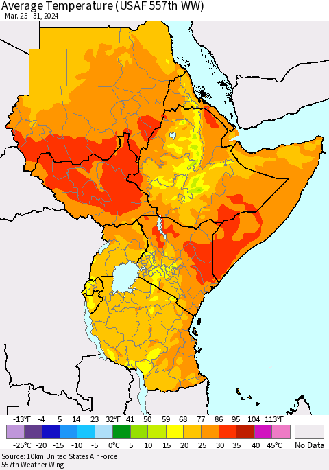 Eastern Africa Average Temperature (USAF 557th WW) Thematic Map For 3/25/2024 - 3/31/2024