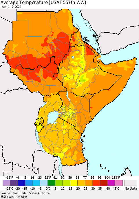 Eastern Africa Average Temperature (USAF 557th WW) Thematic Map For 4/1/2024 - 4/7/2024