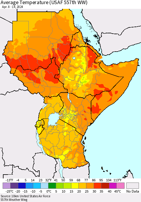 Eastern Africa Average Temperature (USAF 557th WW) Thematic Map For 4/8/2024 - 4/14/2024