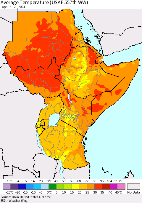 Eastern Africa Average Temperature (USAF 557th WW) Thematic Map For 4/15/2024 - 4/21/2024