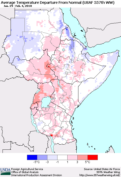 Eastern Africa Average Temperature Departure from Normal (USAF 557th WW) Thematic Map For 1/29/2018 - 2/4/2018