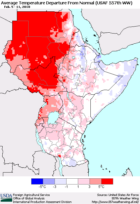 Eastern Africa Average Temperature Departure from Normal (USAF 557th WW) Thematic Map For 2/5/2018 - 2/11/2018
