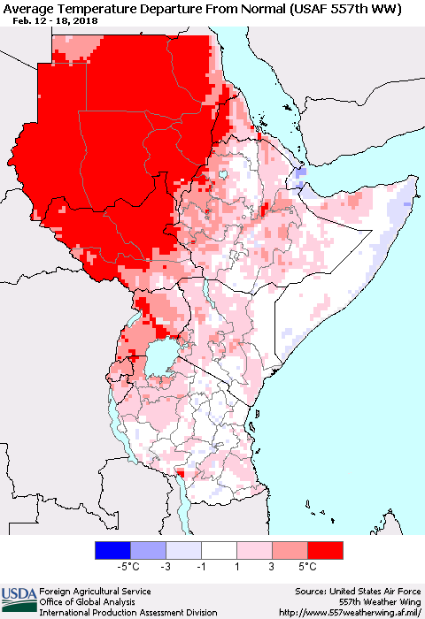 Eastern Africa Average Temperature Departure from Normal (USAF 557th WW) Thematic Map For 2/12/2018 - 2/18/2018