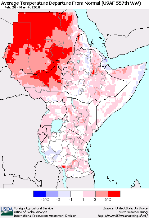 Eastern Africa Average Temperature Departure from Normal (USAF 557th WW) Thematic Map For 2/26/2018 - 3/4/2018