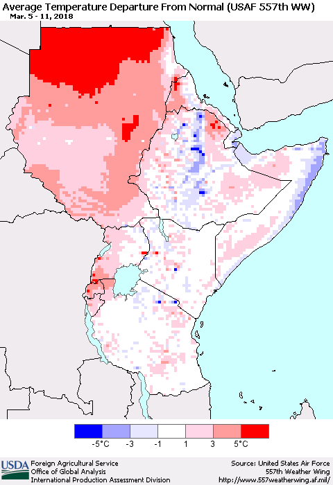 Eastern Africa Average Temperature Departure from Normal (USAF 557th WW) Thematic Map For 3/5/2018 - 3/11/2018