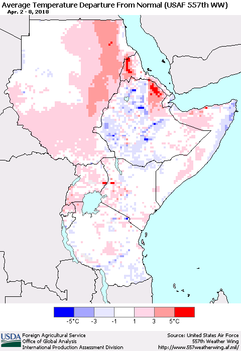 Eastern Africa Average Temperature Departure from Normal (USAF 557th WW) Thematic Map For 4/2/2018 - 4/8/2018