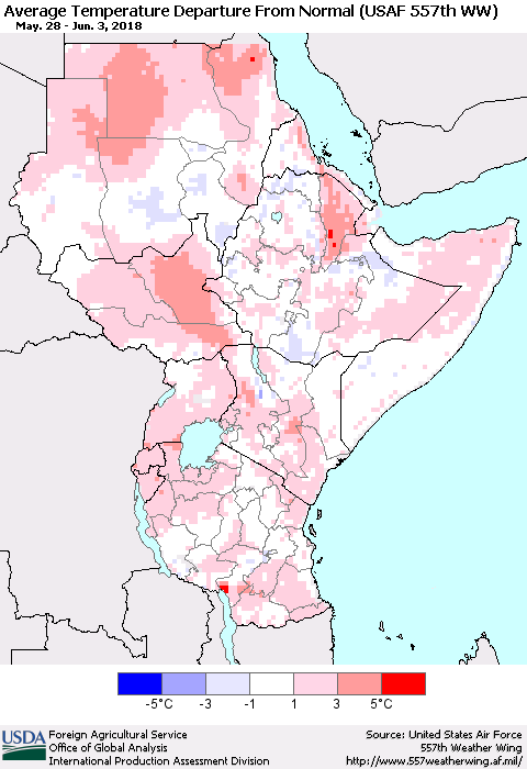 Eastern Africa Average Temperature Departure from Normal (USAF 557th WW) Thematic Map For 5/28/2018 - 6/3/2018