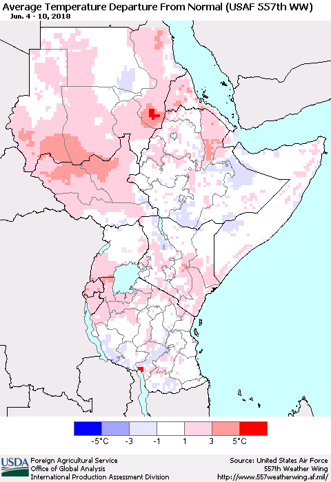 Eastern Africa Average Temperature Departure from Normal (USAF 557th WW) Thematic Map For 6/4/2018 - 6/10/2018