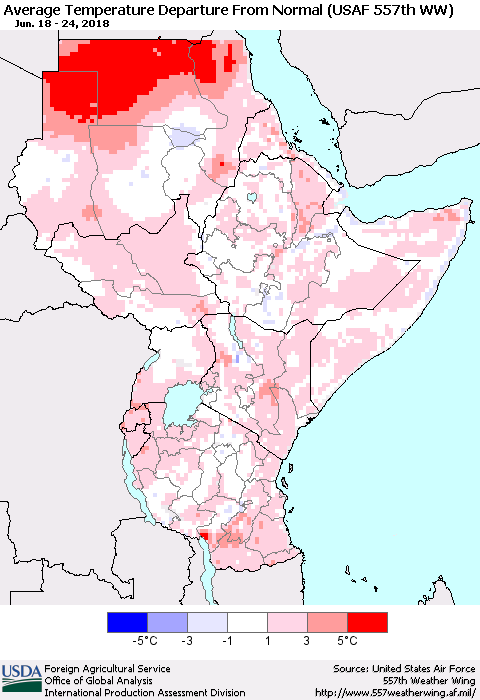 Eastern Africa Average Temperature Departure from Normal (USAF 557th WW) Thematic Map For 6/18/2018 - 6/24/2018